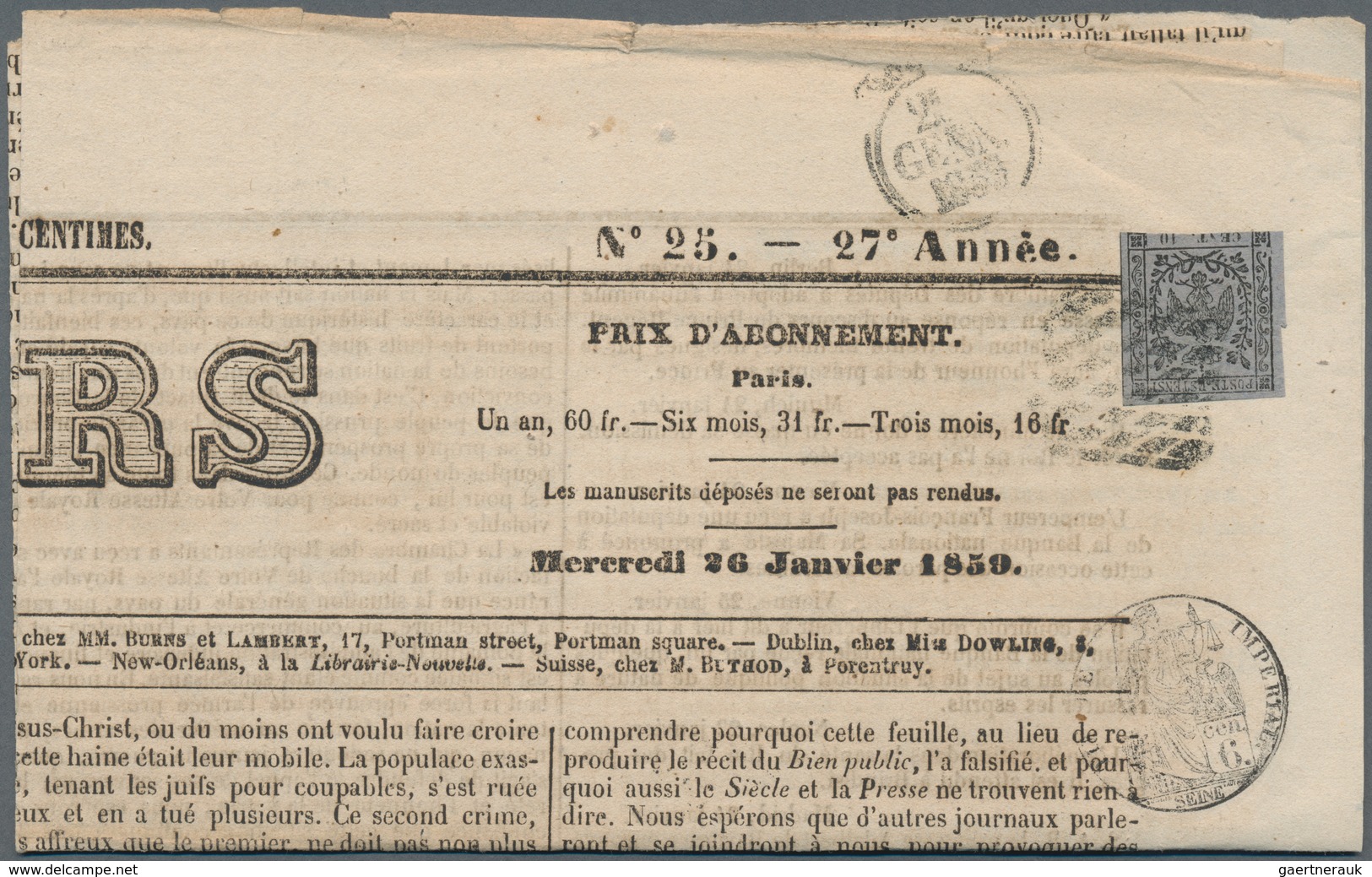 Italien - Altitalienische Staaten: Modena - Zeitungsstempelmarken: 1857, 10 C Black On Dark-lilac Pa - Modena