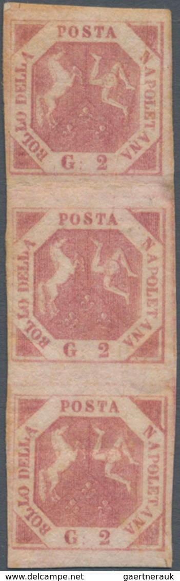 Italien - Altitalienische Staaten: Neapel: 1858, 2 Gr Rose-carmine Vertical Stripe Of Three Unused W - Neapel
