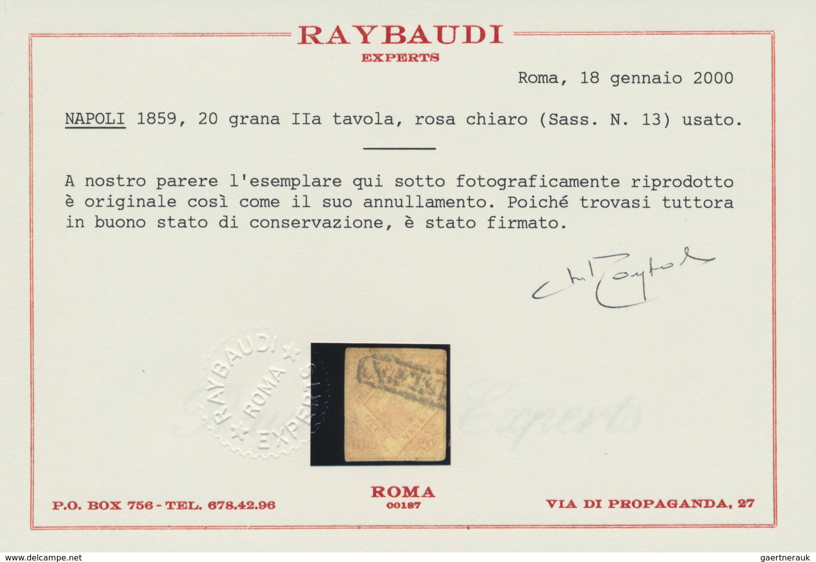 Italien - Altitalienische Staaten: Neapel: 1858. 20 Gr Light Rose, 2nd Plate, Used. Certificate Rayb - Naples