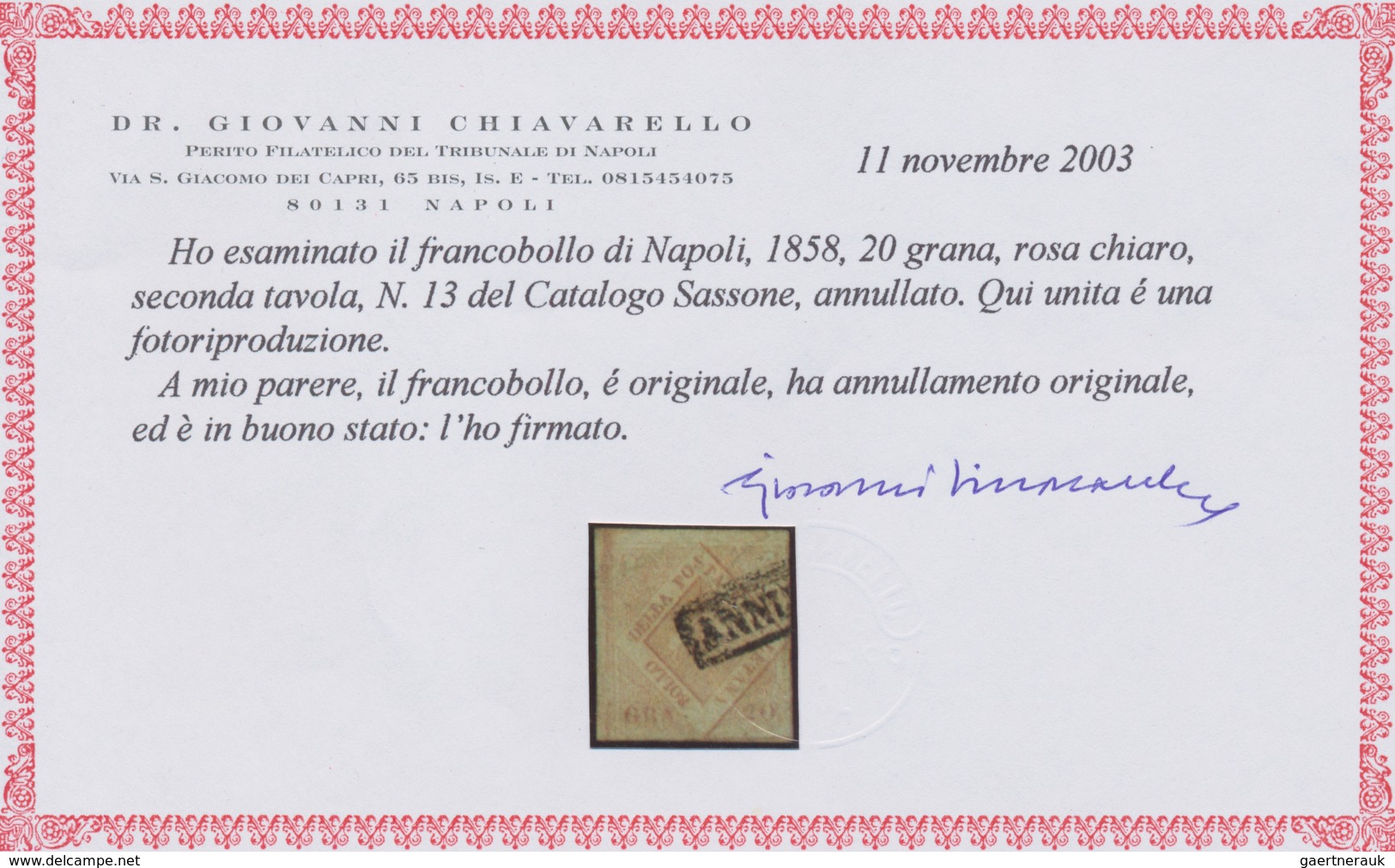 Italien - Altitalienische Staaten: Neapel: 1858, 20 Gr Lilac-rose Cancelled With Frame Postmark, On - Napels