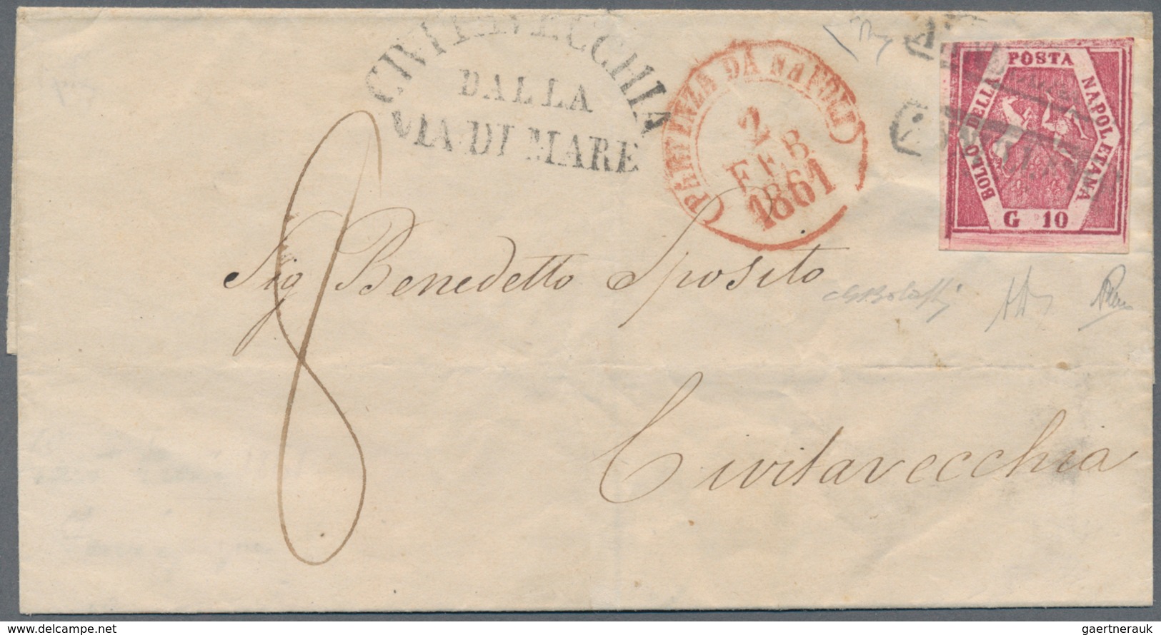 Italien - Altitalienische Staaten: Neapel: 1859: 10 G Carmino Violaceo, "NAPELS POSTAL FORGERY" Tied - Napels