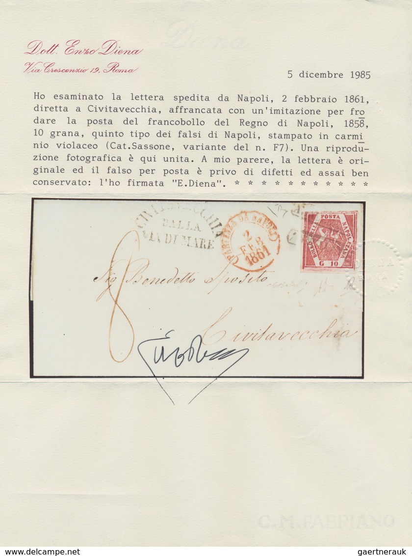 Italien - Altitalienische Staaten: Neapel: 1859: 10 G Carmino Violaceo, "NAPELS POSTAL FORGERY" Tied - Neapel