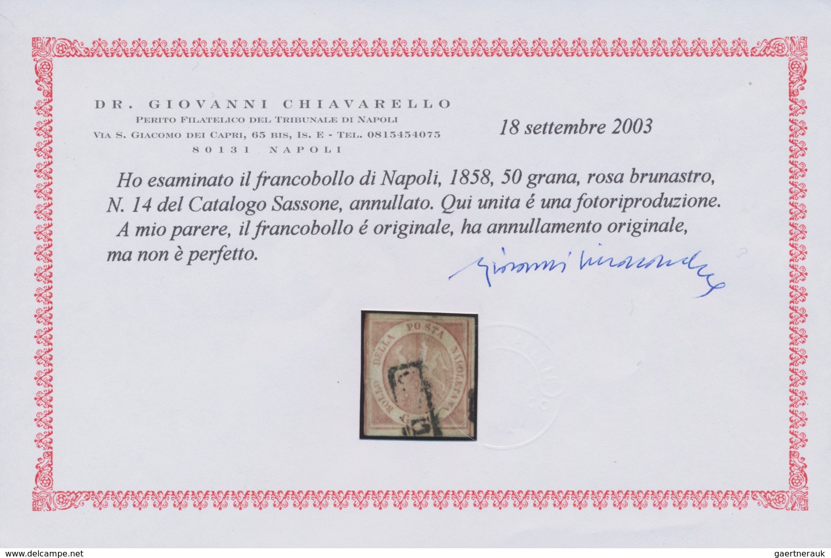 Italien - Altitalienische Staaten: Neapel: 1858. 50 Gr. Rose, Cancelled By Part Of Framed "annulato" - Napels