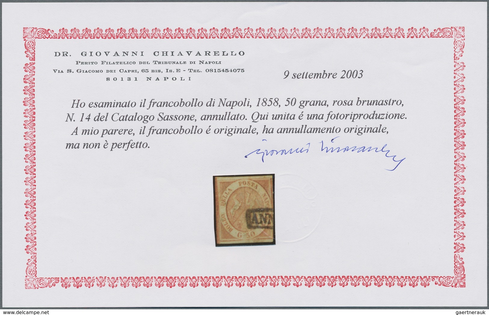 Italien - Altitalienische Staaten: Neapel: 1859. 50 Grana Brownish-rose, Cancelled With Part Of Fram - Napels