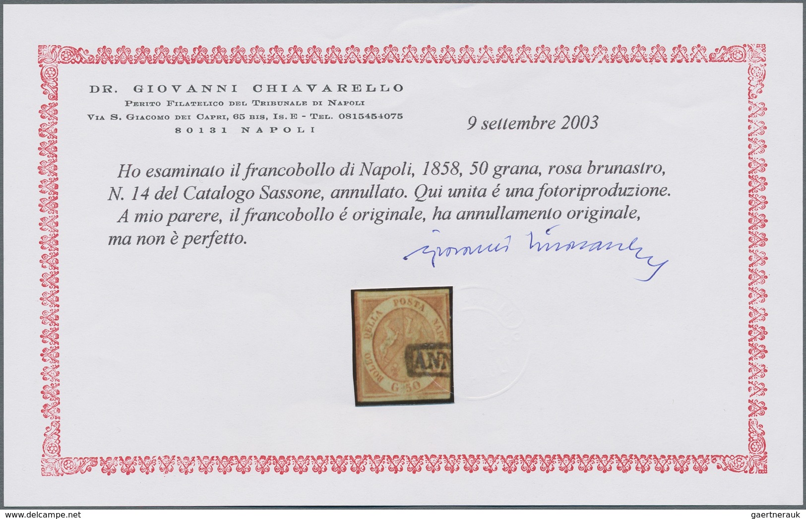 Italien - Altitalienische Staaten: Neapel: 1859. 50 Grana Brownish-rose, Cancelled With Part Of Fram - Naples