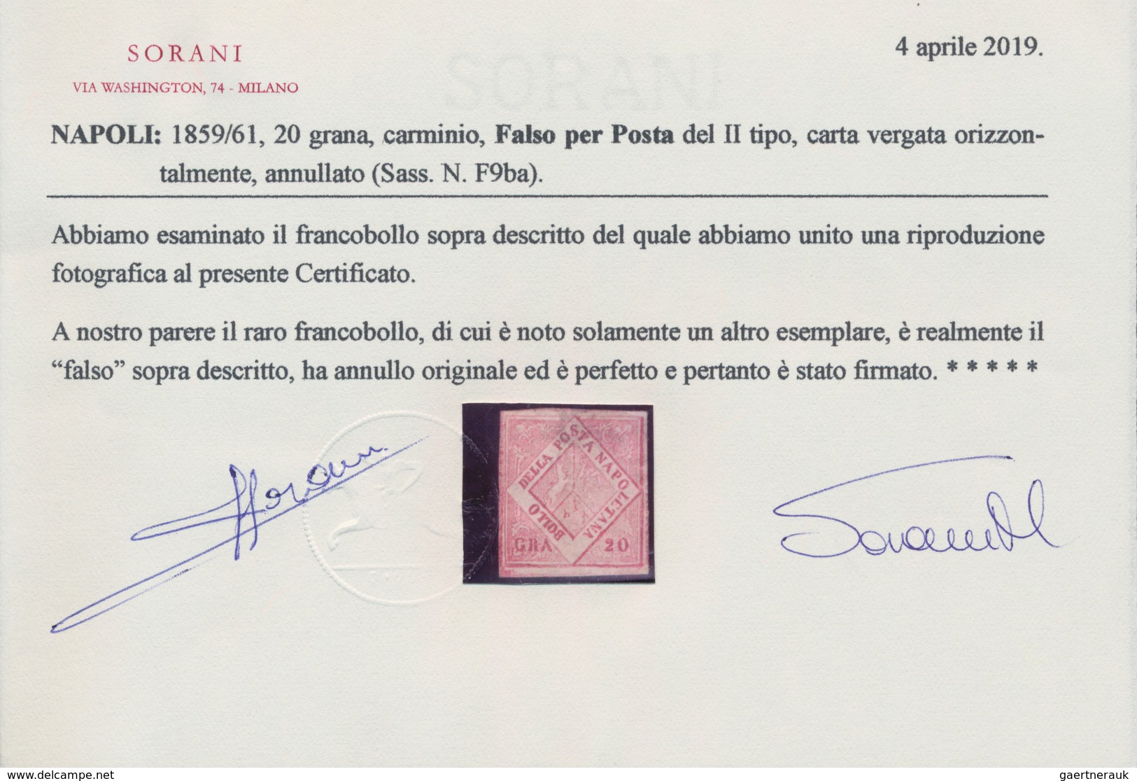 Italien - Altitalienische Staaten: Neapel: 1859/1861, 20 Gr Carmine, POSTAL FORGERY (Falso Per Posta - Napels