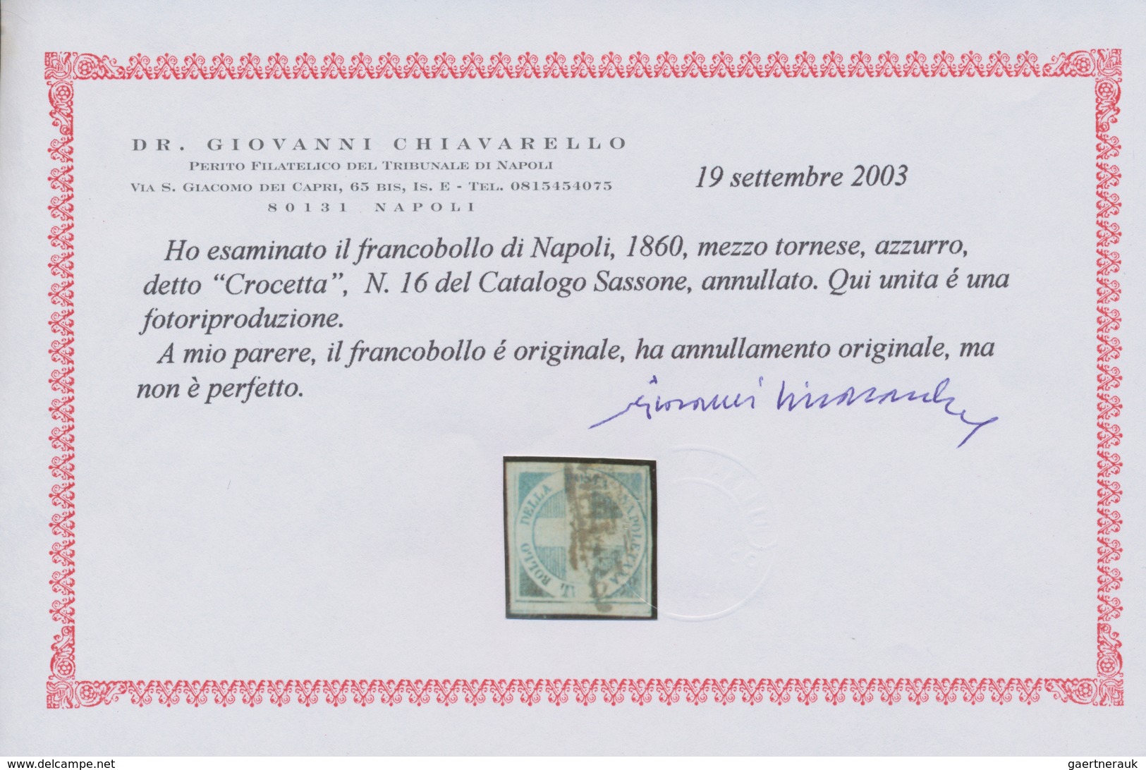 Italien - Altitalienische Staaten: Neapel: 1860. 1/2 Tornese Blue "Crocetta", Oxidized, Certificate - Naples