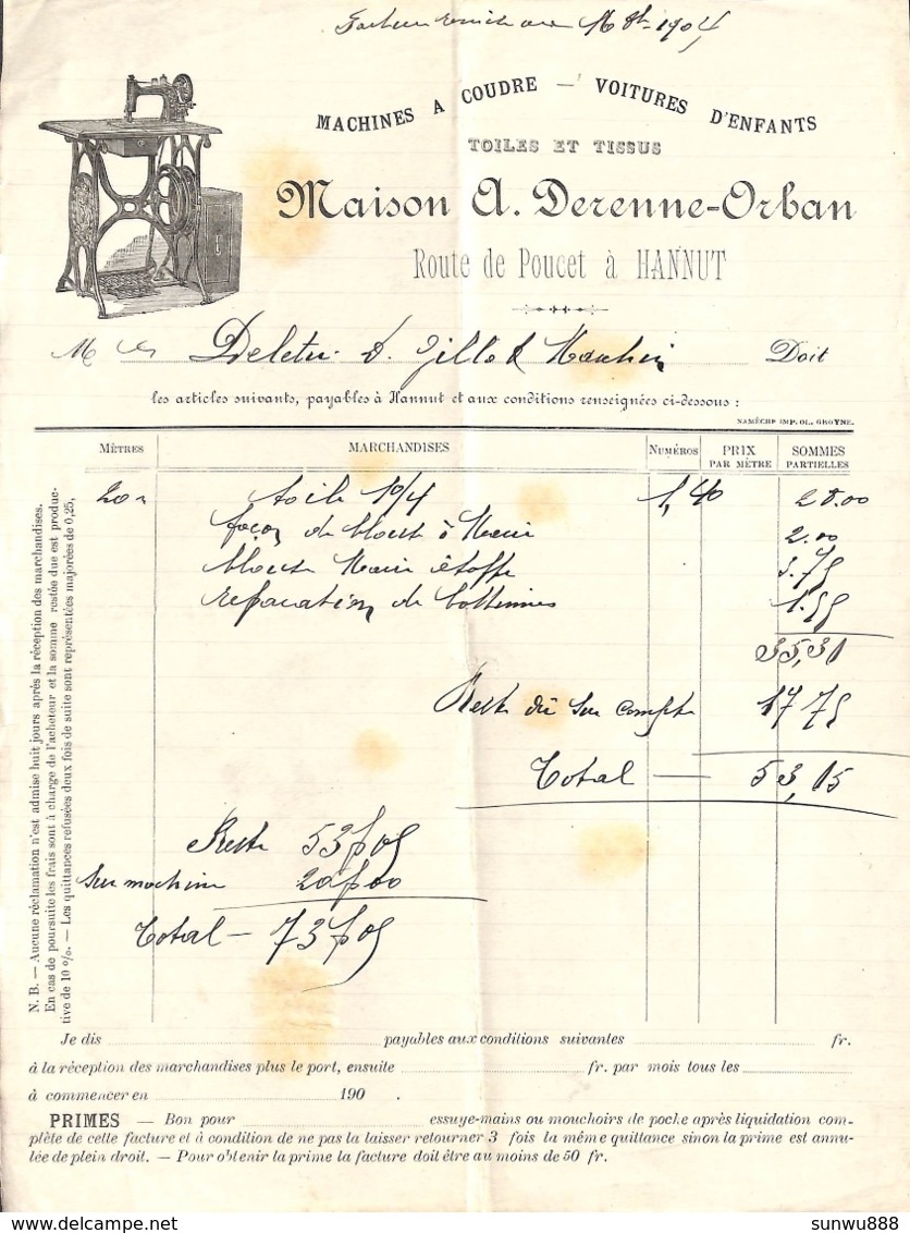 Hannut - Machines à Coudre, Voitures D'enfants Maison A. Derenne-Orban (1904, Illustrée) - 1900 – 1949