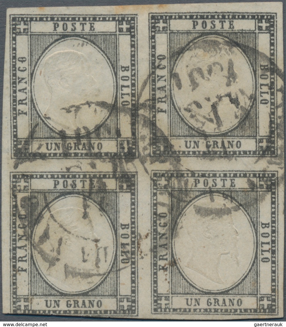 Italien - Altitalienische Staaten: Neapel: 1861. 1 Black Grain, Used, Block Of Four, Good Margins On - Naples