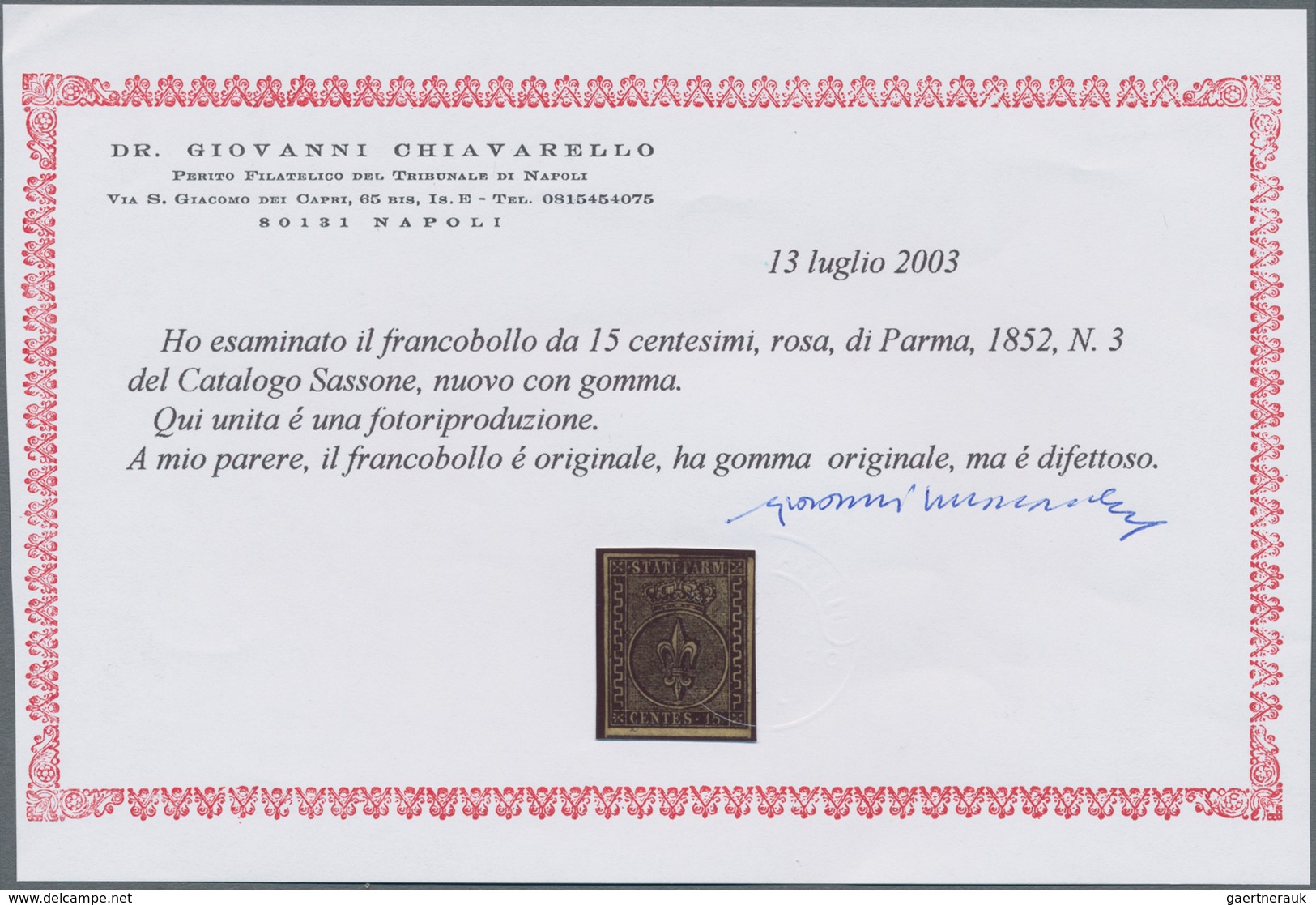 Italien - Altitalienische Staaten: Parma: 1852, 15 C Black On Rose Unused With A Rest Of Hinge, All - Parma