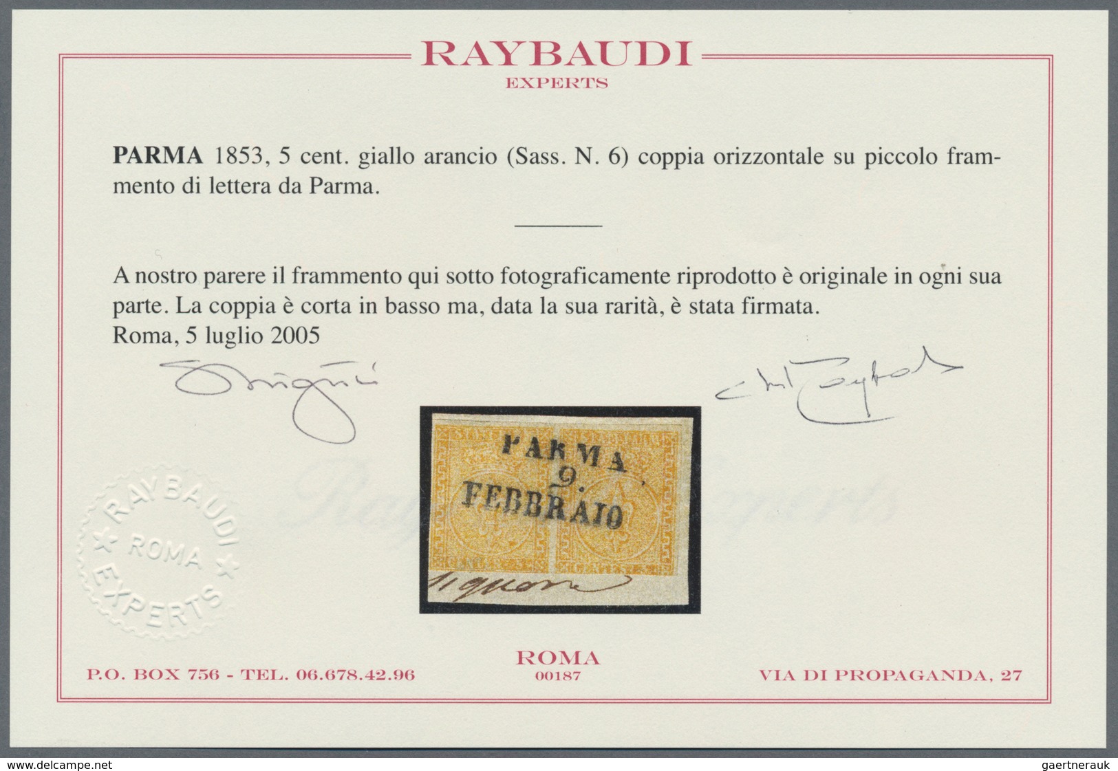 Italien - Altitalienische Staaten: Parma: 1853, 5 Cent. Yellow-orange Pair With Clear And Centrical - Parma