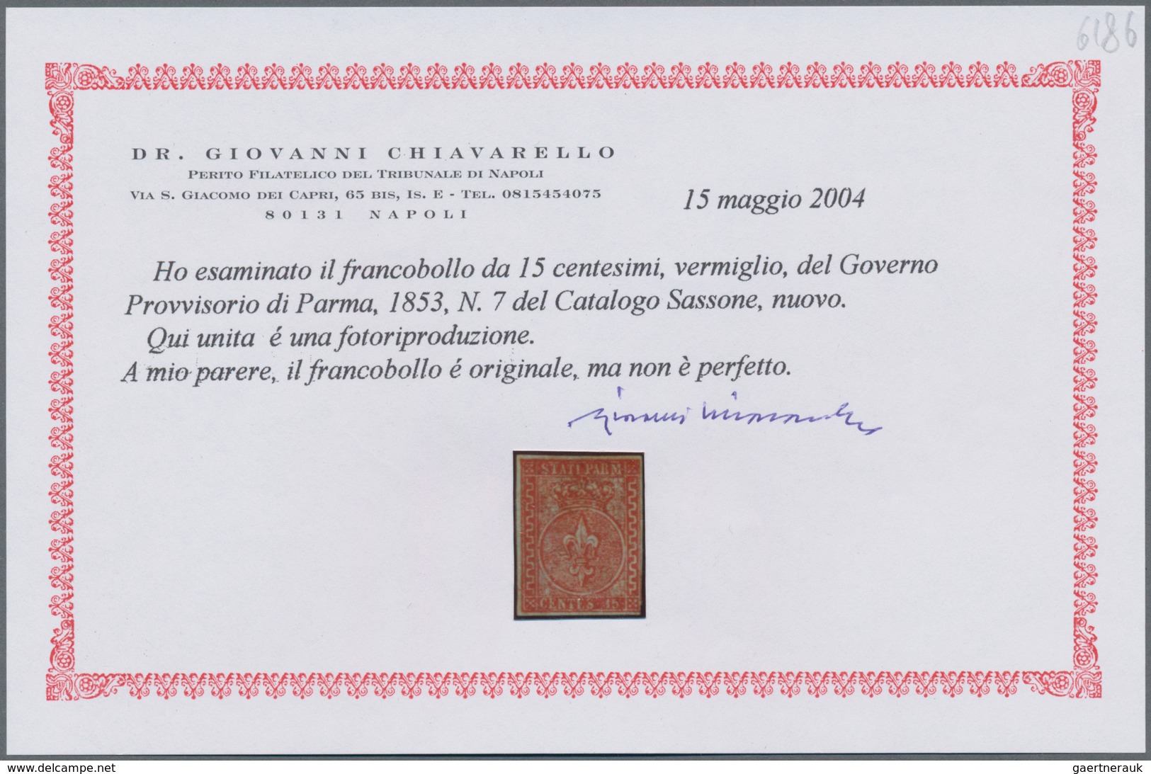 Italien - Altitalienische Staaten: Parma: 1853, 15 C Vermiglion, Full Margins At Three Sides, Minor - Parma