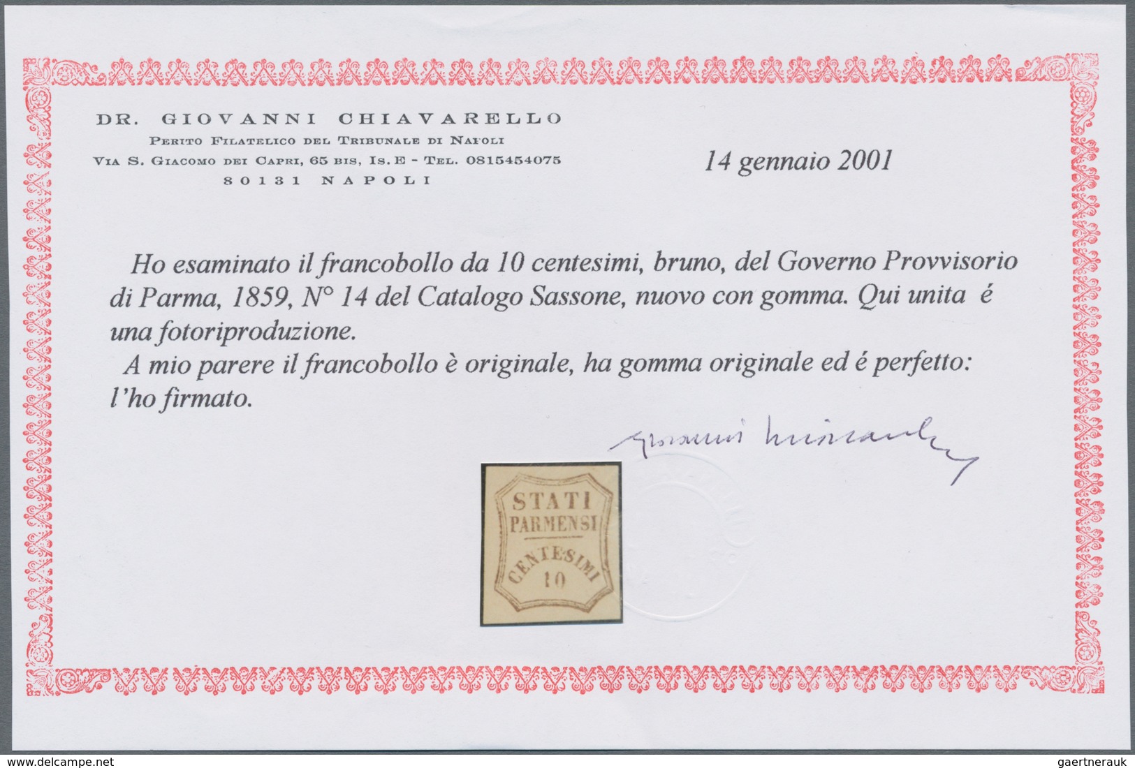 Italien - Altitalienische Staaten: Parma: 1859, 10 Cent. Dark Brown Mint With Original Gum In Perfec - Parma