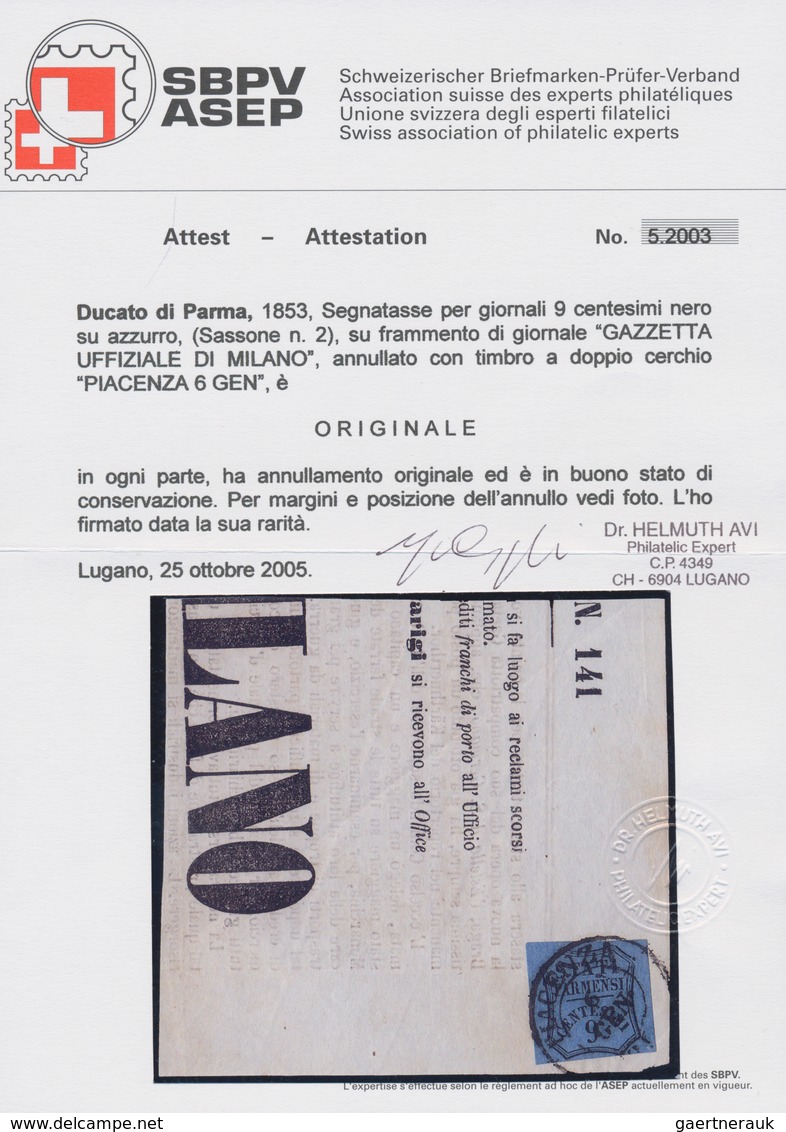Italien - Altitalienische Staaten: Parma - Zeitungsstempelmarken: 1853, 9 C Black On Blue On A Small - Parma