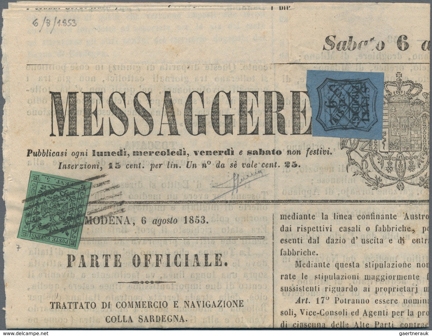 Italien - Altitalienische Staaten: Parma - Zeitungsstempelmarken: 1852/1853: Modena 5 Cent. Green, W - Parma