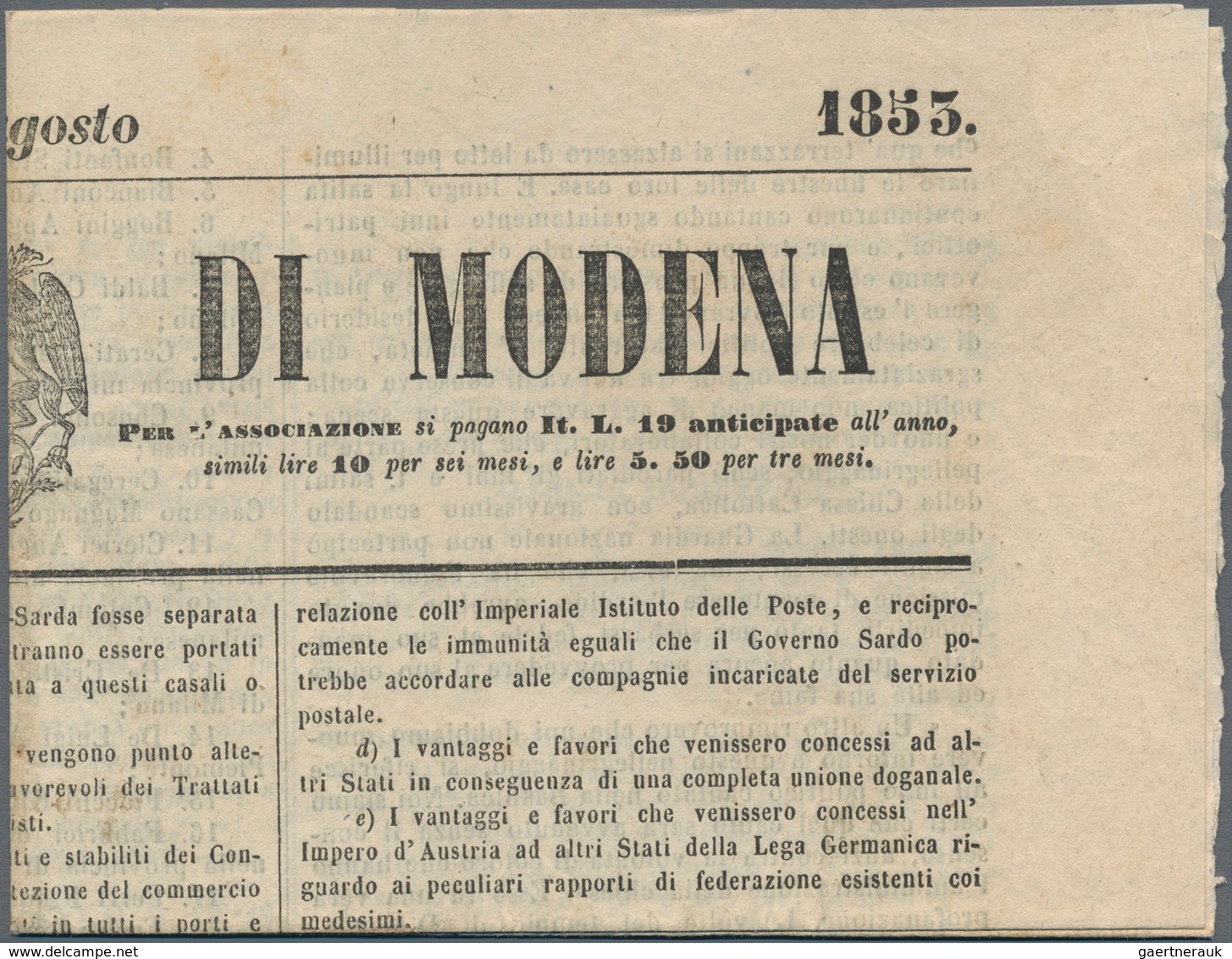 Italien - Altitalienische Staaten: Parma - Zeitungsstempelmarken: 1852/1853: Modena 5 Cent. Green, W - Parma