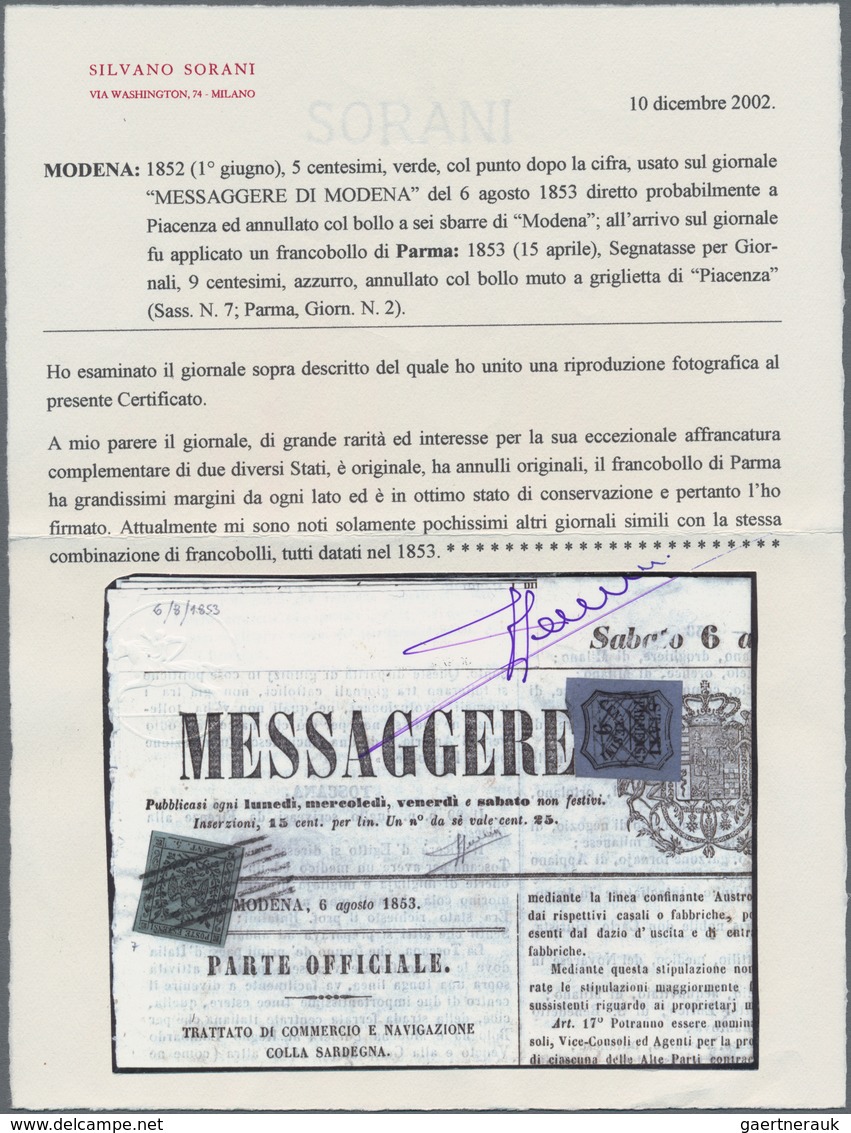 Italien - Altitalienische Staaten: Parma - Zeitungsstempelmarken: 1852/1853: Modena 5 Cent. Green, W - Parma