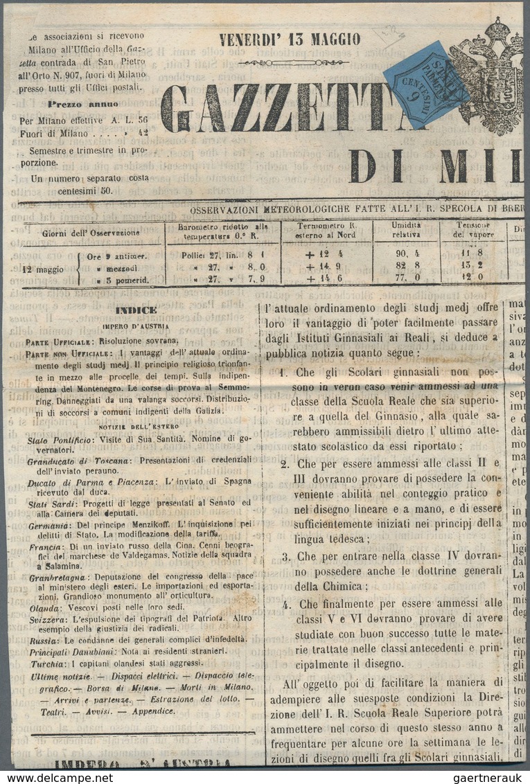 Italien - Altitalienische Staaten: Parma - Zeitungsstempelmarken: 1853, 9c. Blue, Deep Colour, Left - Parma