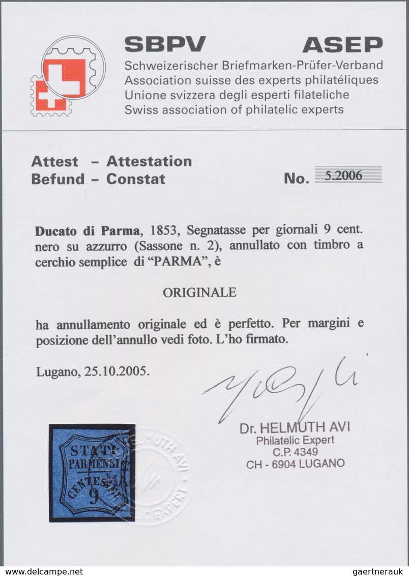 Italien - Altitalienische Staaten: Parma - Zeitungsstempelmarken: 1853, 9 Cent. Black On Blue Cancel - Parma