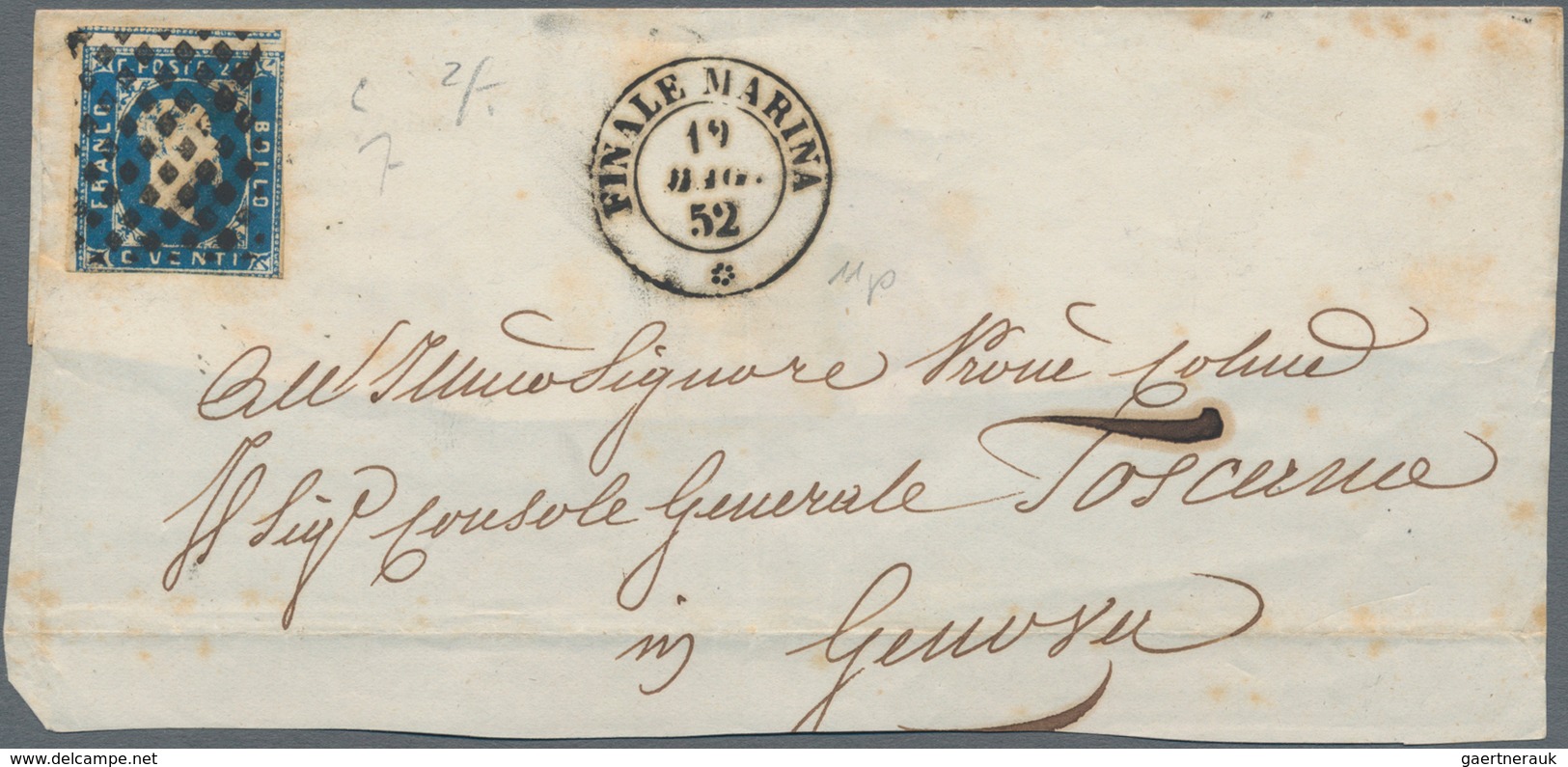 Italien - Altitalienische Staaten: Sardinien: 1851, 20 C. Light Blue Tied By Rhombe Cancel On Letter - Sardinia