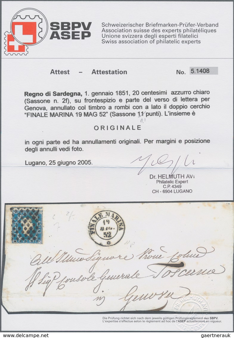 Italien - Altitalienische Staaten: Sardinien: 1851, 20 C. Light Blue Tied By Rhombe Cancel On Letter - Sardinien