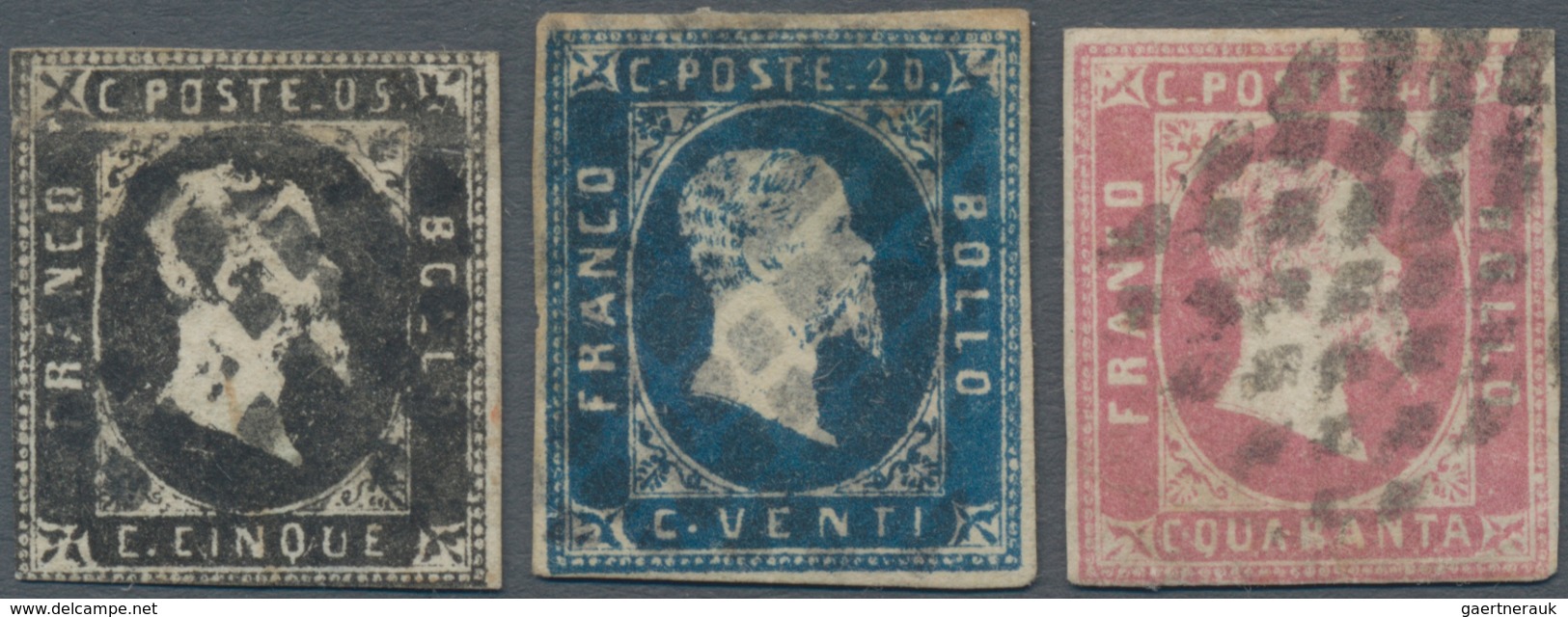 Italien - Altitalienische Staaten: Sardinien: 1851, 5 C Black With Horizontal Fold, 20 C Blue With S - Sardinië