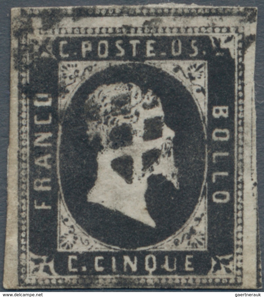 Italien - Altitalienische Staaten: Sardinien: 1851. 5 Cent. Black, Two Wide Margins, Parts Of The Ne - Sardinië