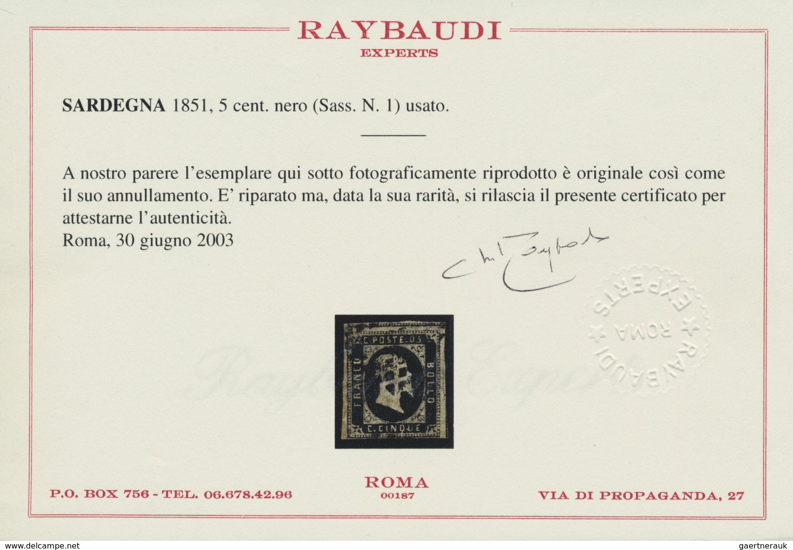 Italien - Altitalienische Staaten: Sardinien: 1851. 5 Cent. Black, Two Wide Margins, Parts Of The Ne - Sardinien