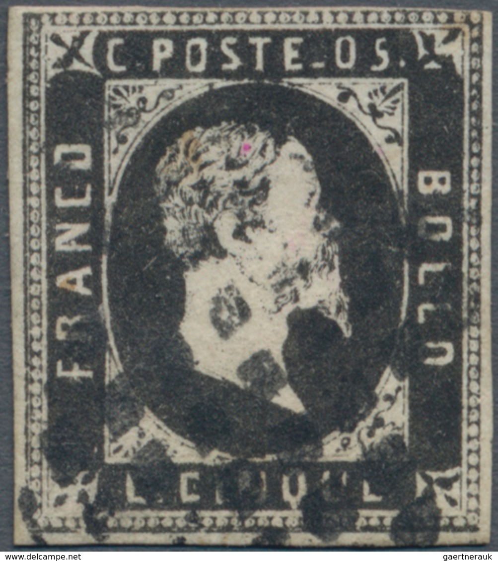 Italien - Altitalienische Staaten: Sardinien: 1851, 5 C Black With Dot Cancel, Repaired, Sign. Diena - Sardaigne