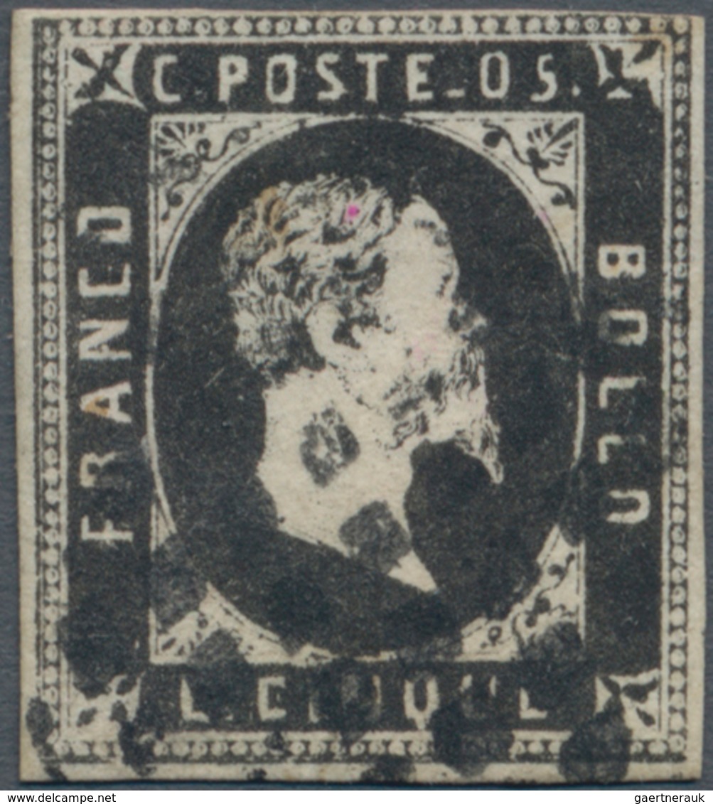 Italien - Altitalienische Staaten: Sardinien: 1851, 5 C Black With Dot Cancel, Repaired, Sign. Diena - Sardinia