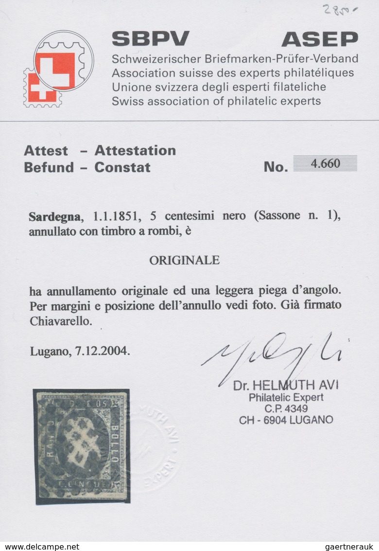 Italien - Altitalienische Staaten: Sardinien: 1851. 5 Cente. Black, Wide Margins, Fold, Certificate - Sardinië