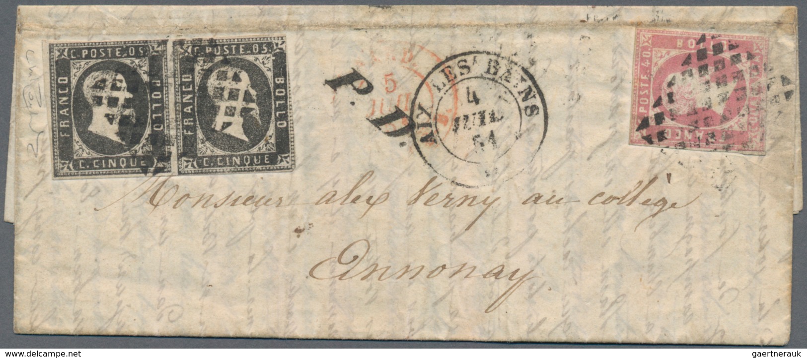 Italien - Altitalienische Staaten: Sardinien: 1851, 5 C. Black, Horizontal Pair, And 40 C. Rose Tied - Sardinien