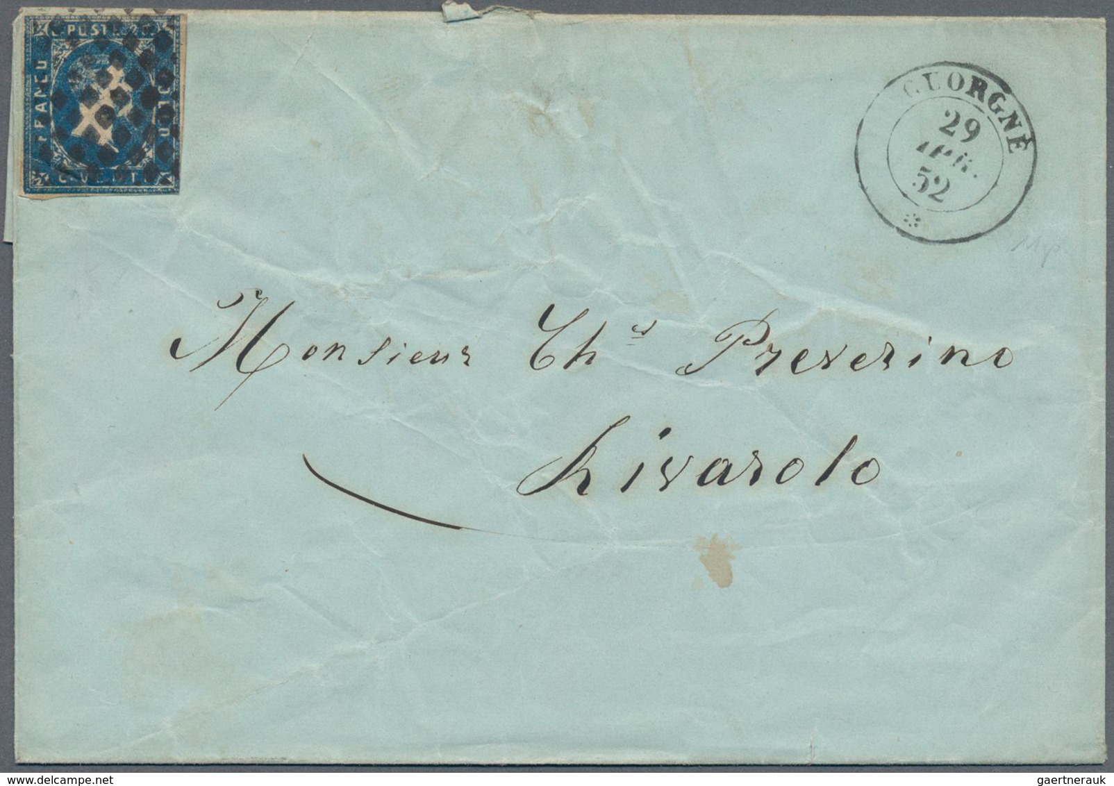 Italien - Altitalienische Staaten: Sardinien: 1851, 20 C Dark Blue Single Franking Cancelled With Do - Sardinia