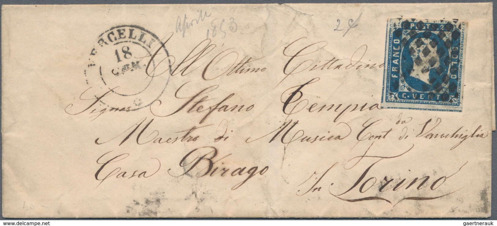 Italien - Altitalienische Staaten: Sardinien: 1851, 20 C Blue Each Single Franking On Three Folded L - Sardinia