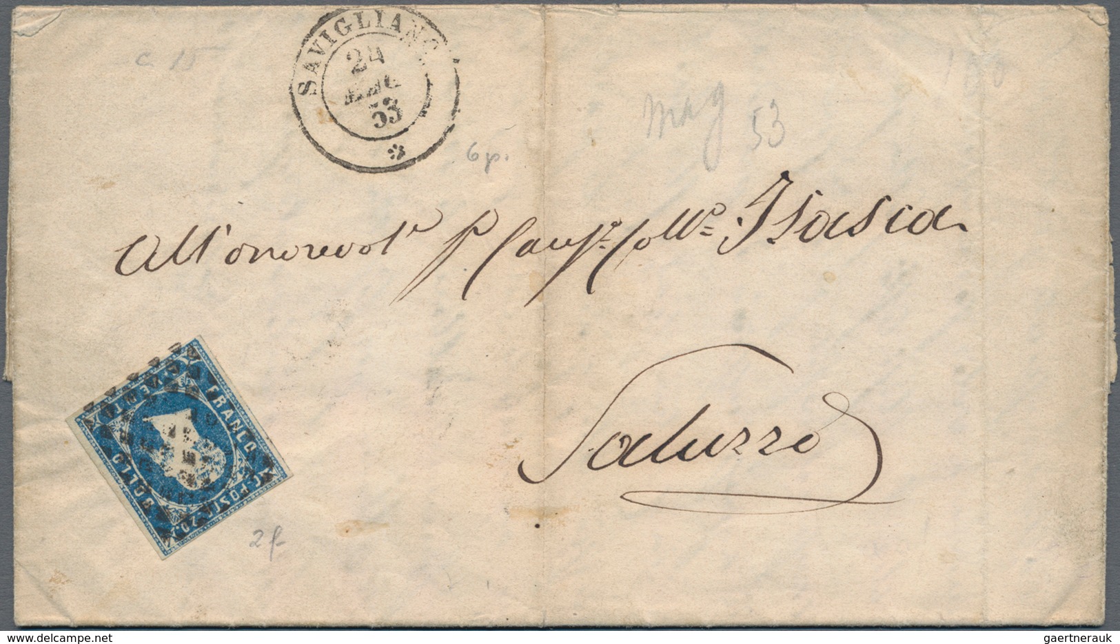 Italien - Altitalienische Staaten: Sardinien: 1851, 20 C Blue Each Single Franking On Three Folded L - Sardinië