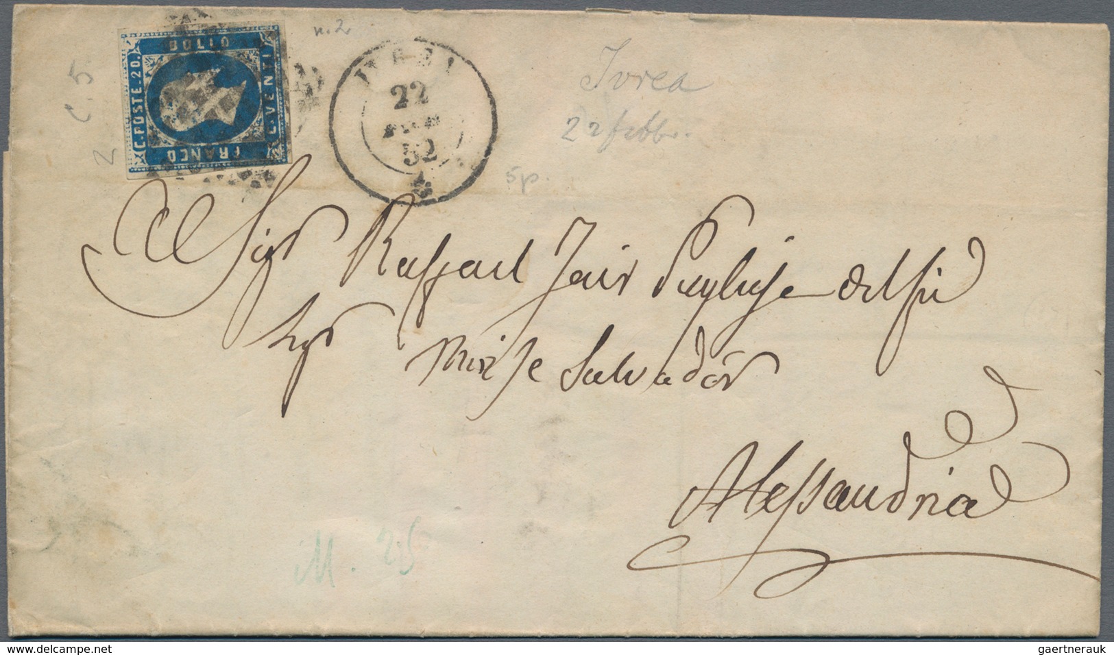 Italien - Altitalienische Staaten: Sardinien: 1851, 20 C Blue Each Single Franking On Three Folded L - Sardinië