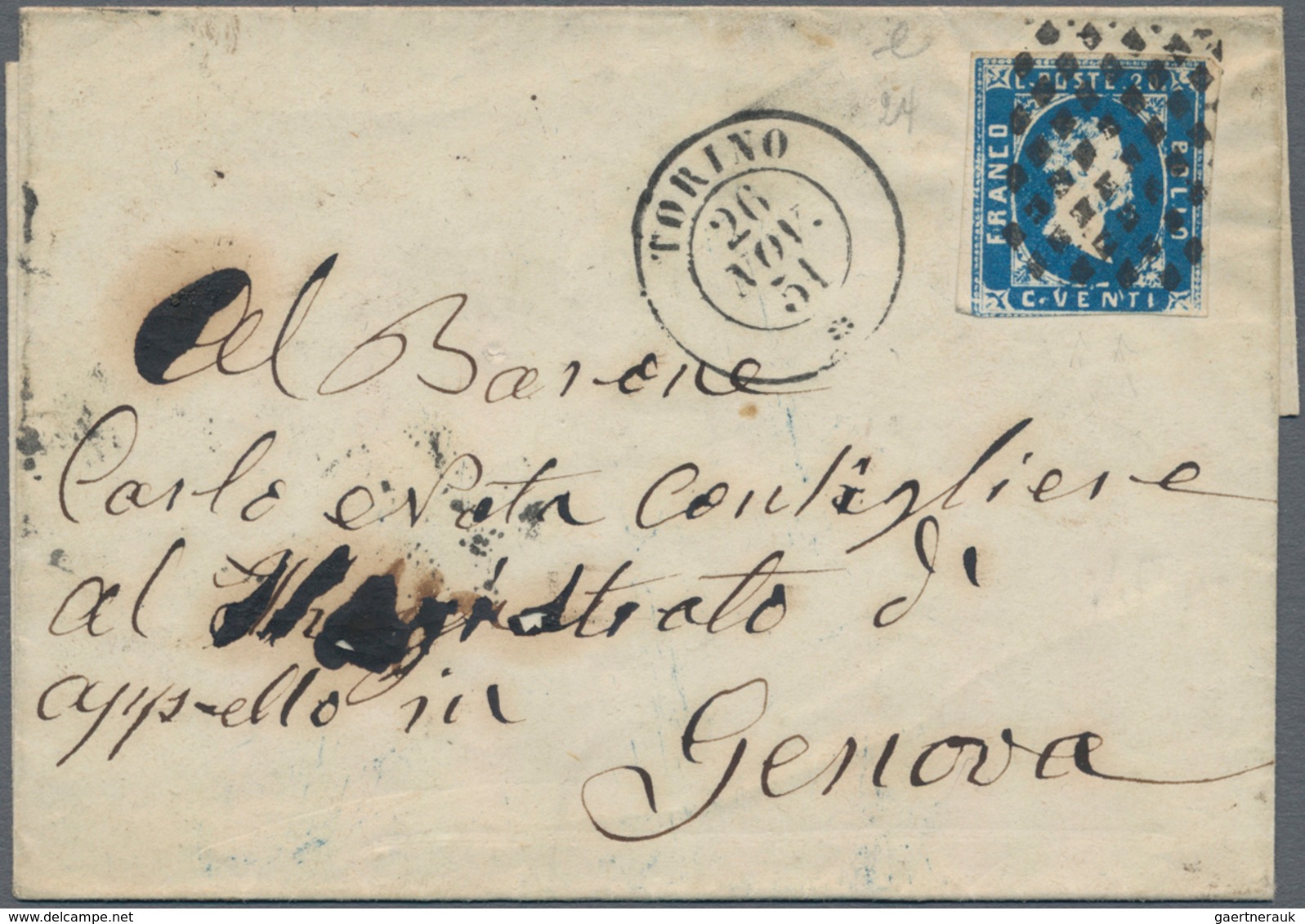 Italien - Altitalienische Staaten: Sardinien: 851, 20 C Blue Each Single Franking On Five Folded Let - Sardinia