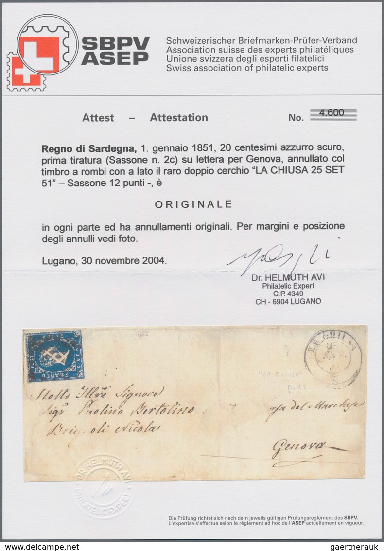 Italien - Altitalienische Staaten: Sardinien: 1851. 20 C. Dark Blue, First Printing, Good Margins Al - Sardinië