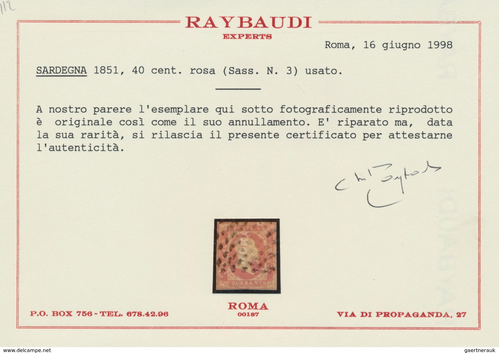 Italien - Altitalienische Staaten: Sardinien: 1851. 40 Cent Rose, Cancelled By Mute Sardinian Rhomes - Sardinia