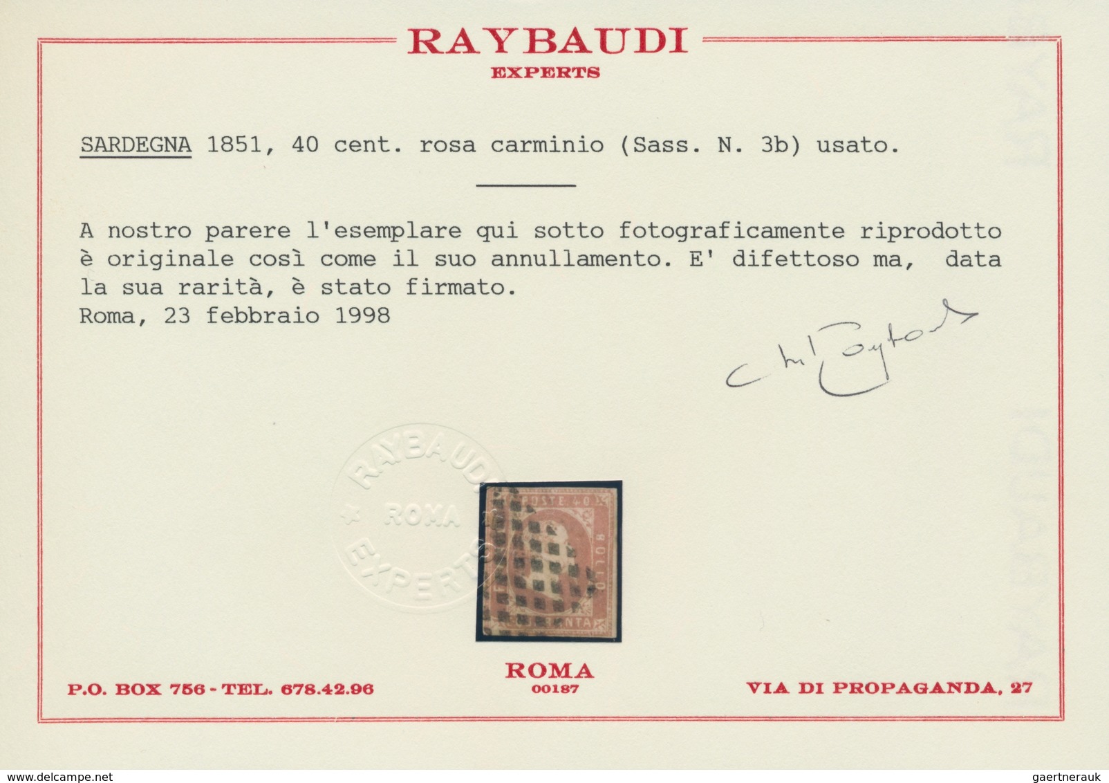 Italien - Altitalienische Staaten: Sardinien: 1851, 40 Cent. Carmine Rose, Narrow Margins At Three S - Sardinië