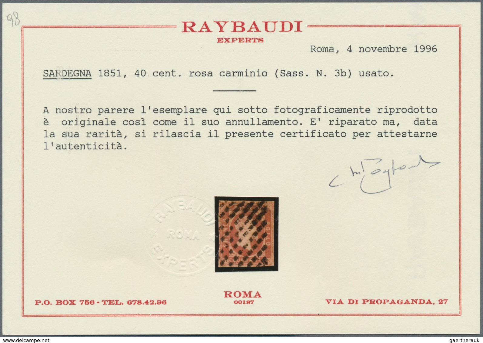 Italien - Altitalienische Staaten: Sardinien: 1851. 40 Cent Carmine Rose, Cancelled By Mute Sardinia - Sardinia