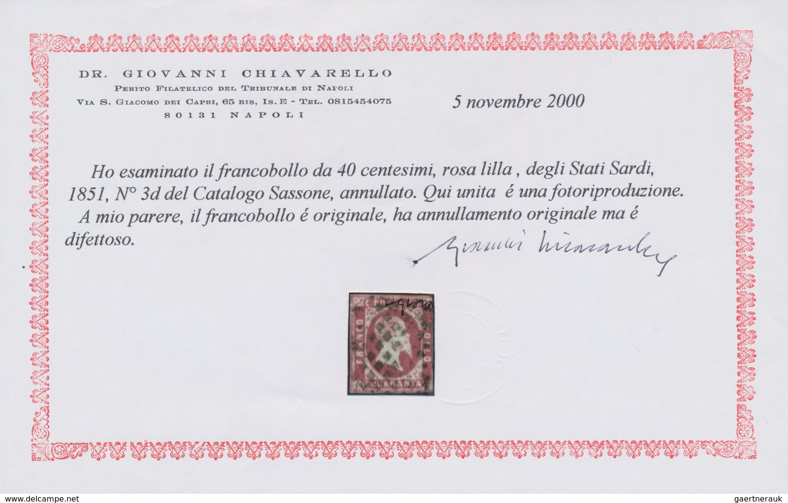 Italien - Altitalienische Staaten: Sardinien: 1851, 40 C Lilac-rose Cancelled With Dot Cancel, Three - Sardinien