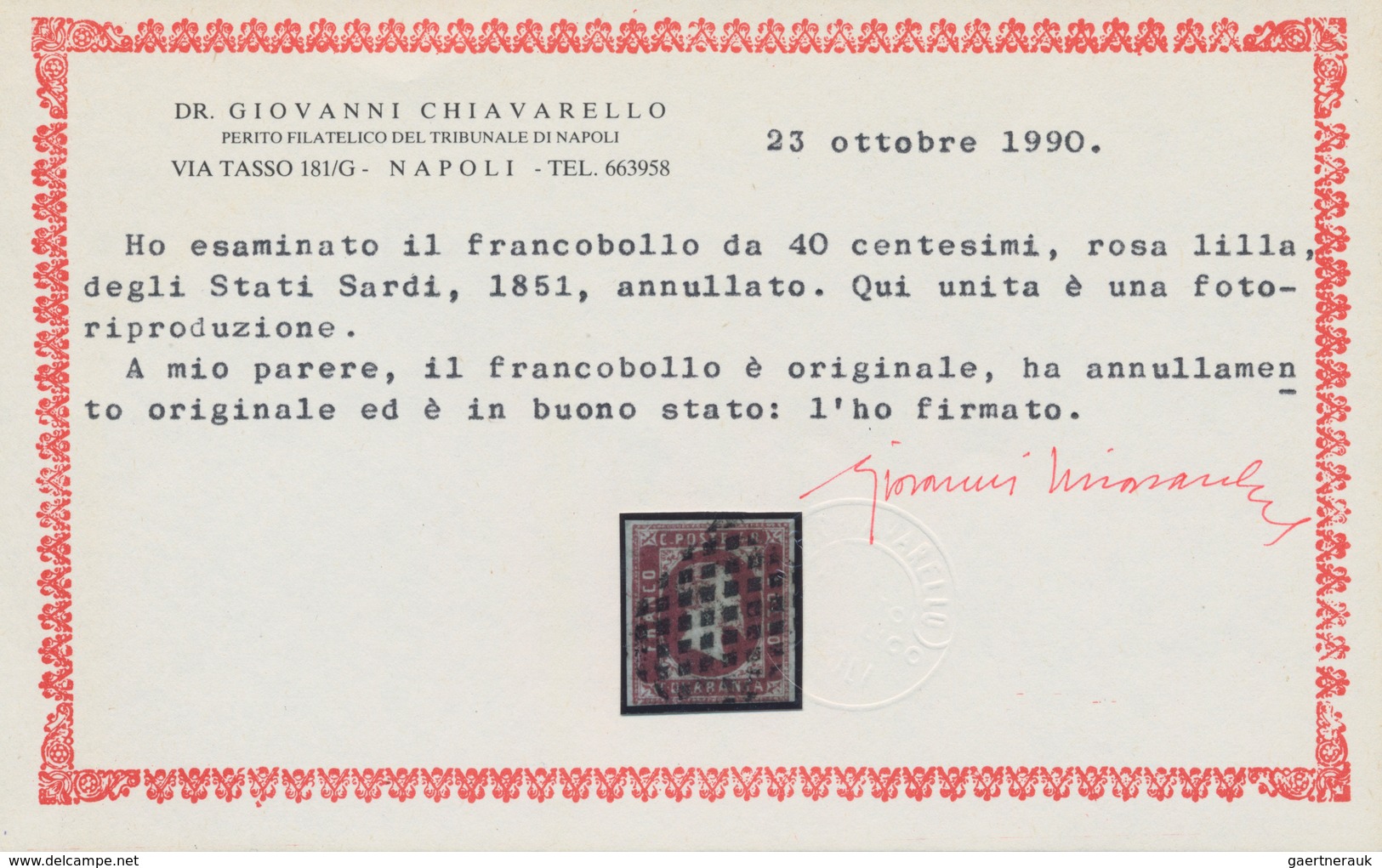 Italien - Altitalienische Staaten: Sardinien: 1851, 40 Cent. Rose-lilac With Dot Cancel, On Three Si - Sardinië