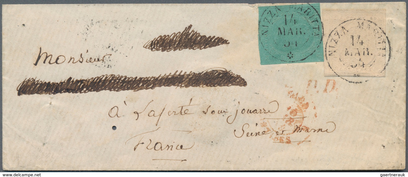 Italien - Altitalienische Staaten: Sardinien: 1853, 5 C Green And 40 C Light Rose (fainted), Each Fu - Sardinië