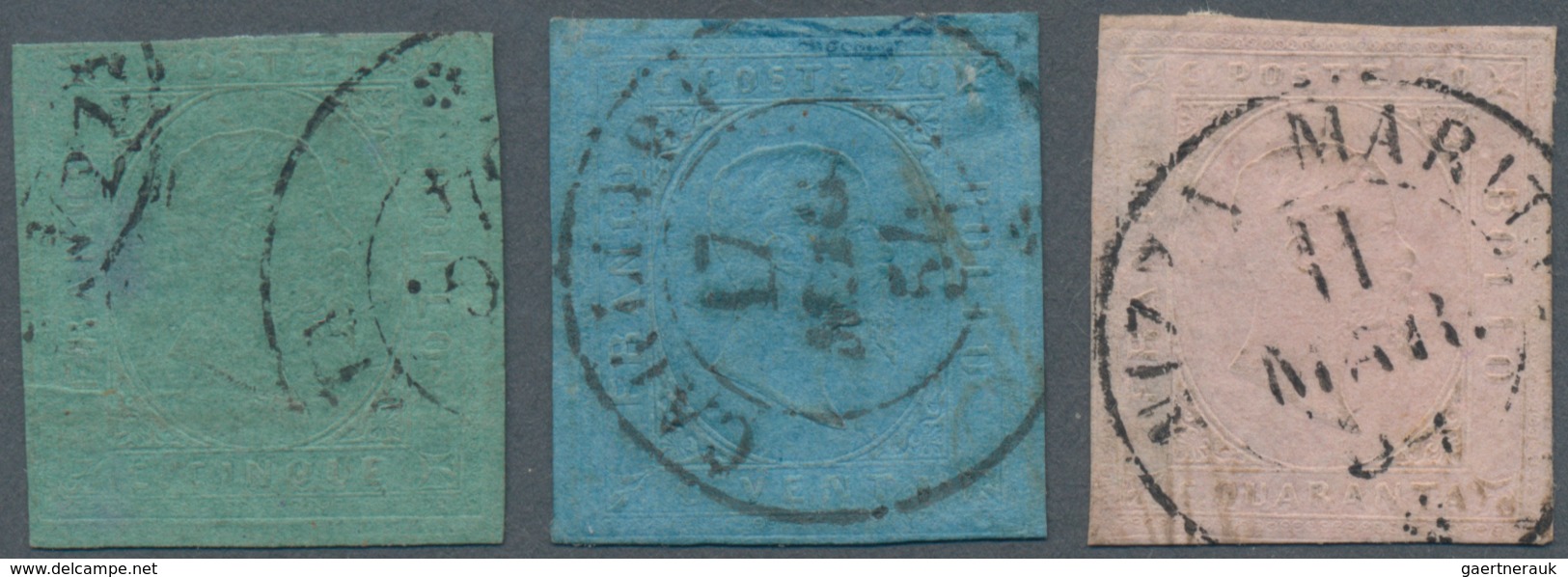 Italien - Altitalienische Staaten: Sardinien: 1853, 5 C Blue-green, 20 C Blue And 40 C Rose With Cle - Sardinia