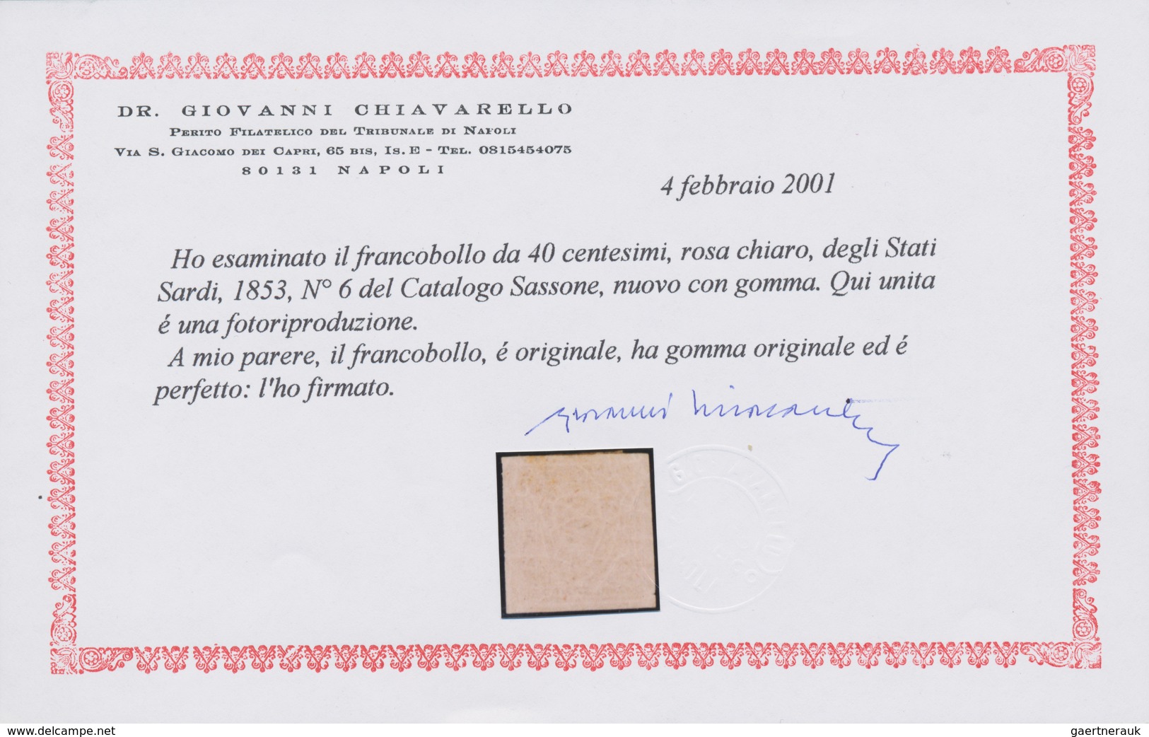Italien - Altitalienische Staaten: Sardinien: 1853, 40 C Light Rose Unused With Original Gum, All Si - Sardinien