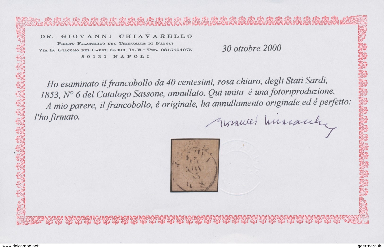 Italien - Altitalienische Staaten: Sardinien: 1853, 40 C Pale Rose Cancelled With Circle Postmark, U - Sardinia