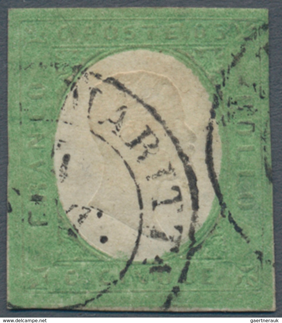 Italien - Altitalienische Staaten: Sardinien: 1854: 5 Cents Green, Cancelled With Double Circle Stam - Sardinien