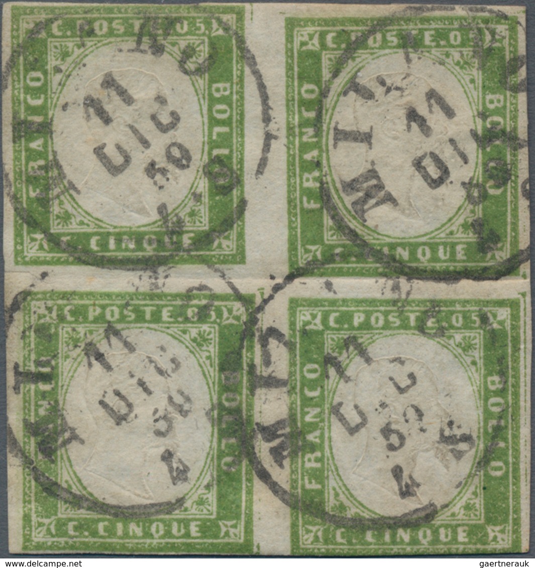 Italien - Altitalienische Staaten: Sardinien: 1855, 5 C Yellow-green In Block Of Four, Each Stamp Ca - Sardinië