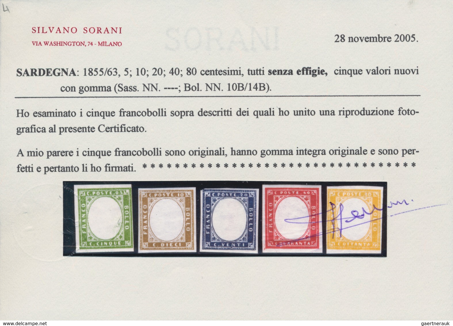 Italien - Altitalienische Staaten: Sardinien: 1855/1863. 5 C Green - 80 C Yello, 5 Value, All Withou - Sardinia